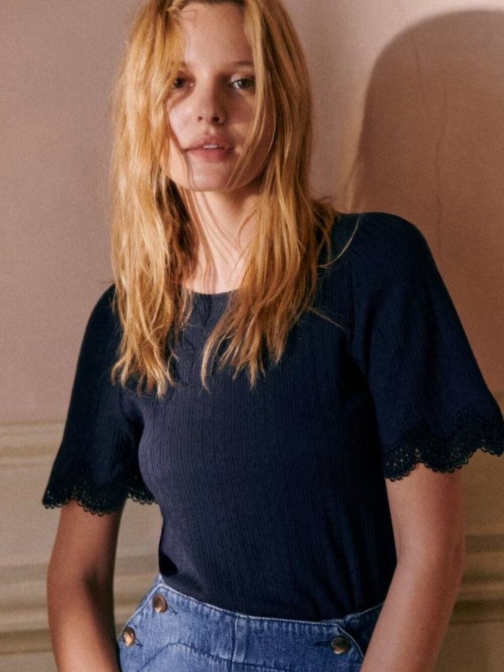 NEW Sezane Clea Shirt Blouse Sz XS Navy Blue Cotton Lace Short Sleeve